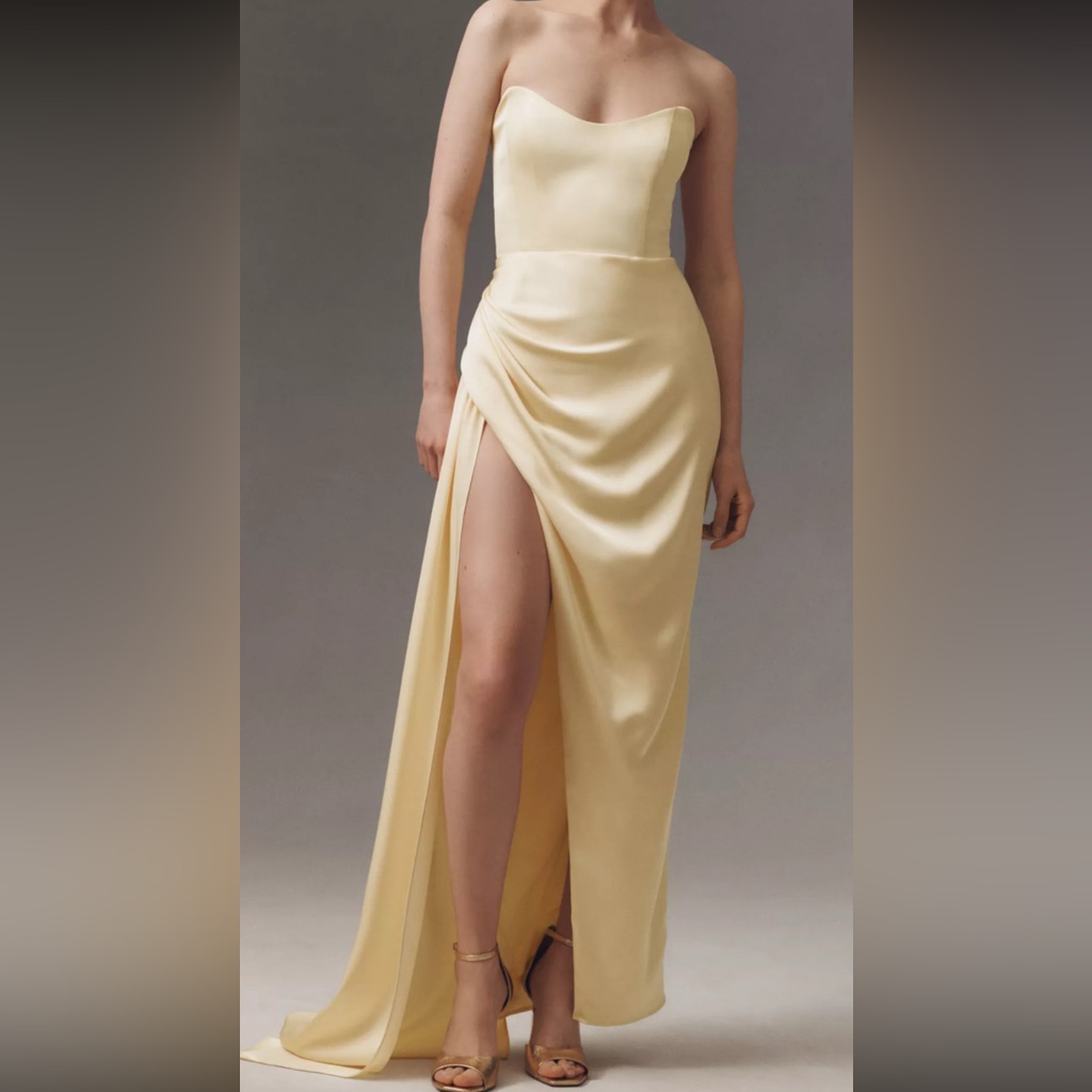 Katie May Strapless Cream Satin High-Slit Gown